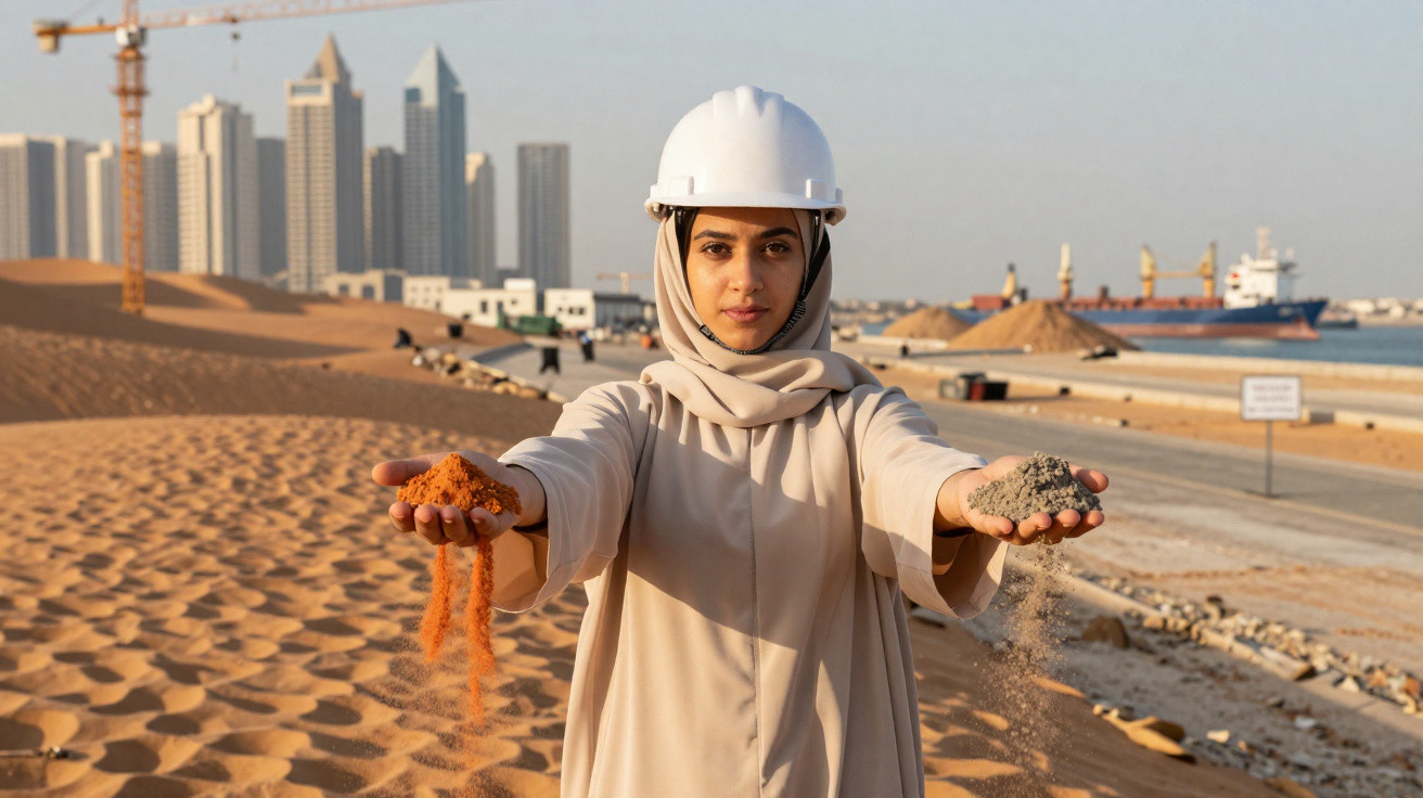 Woman in a hard hat holding red and grey sand in each hand at a desert construction site with city buildings in background.