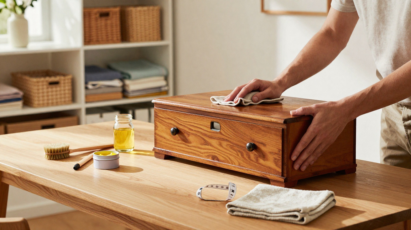 Person polishing a wooden box on a table with cleaning supplies in a bright room.