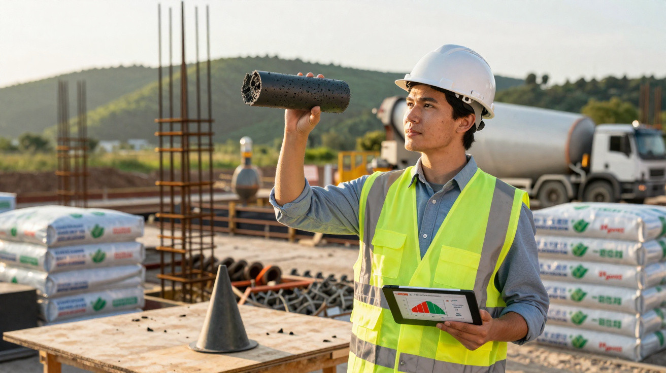 Construction worker in helmet and high-visibility vest inspecting core sample at outdoor building site holding a tablet.