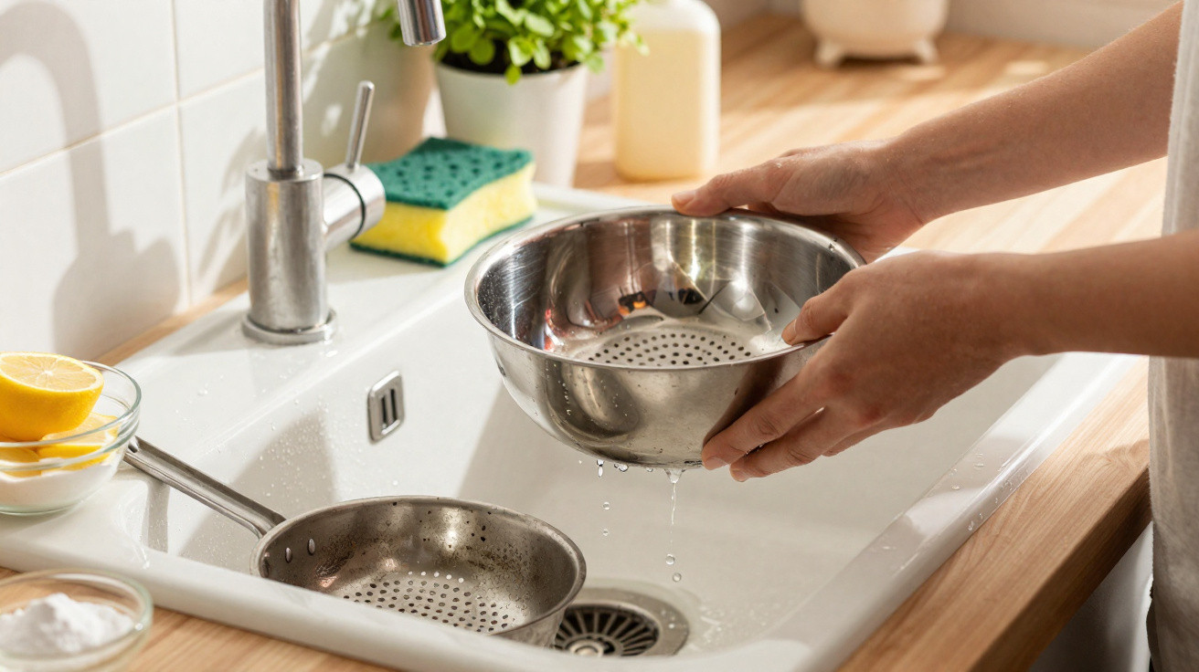 Hands rinsing a metal colander over a kitchen sink with water dripping into a frying pan below.
