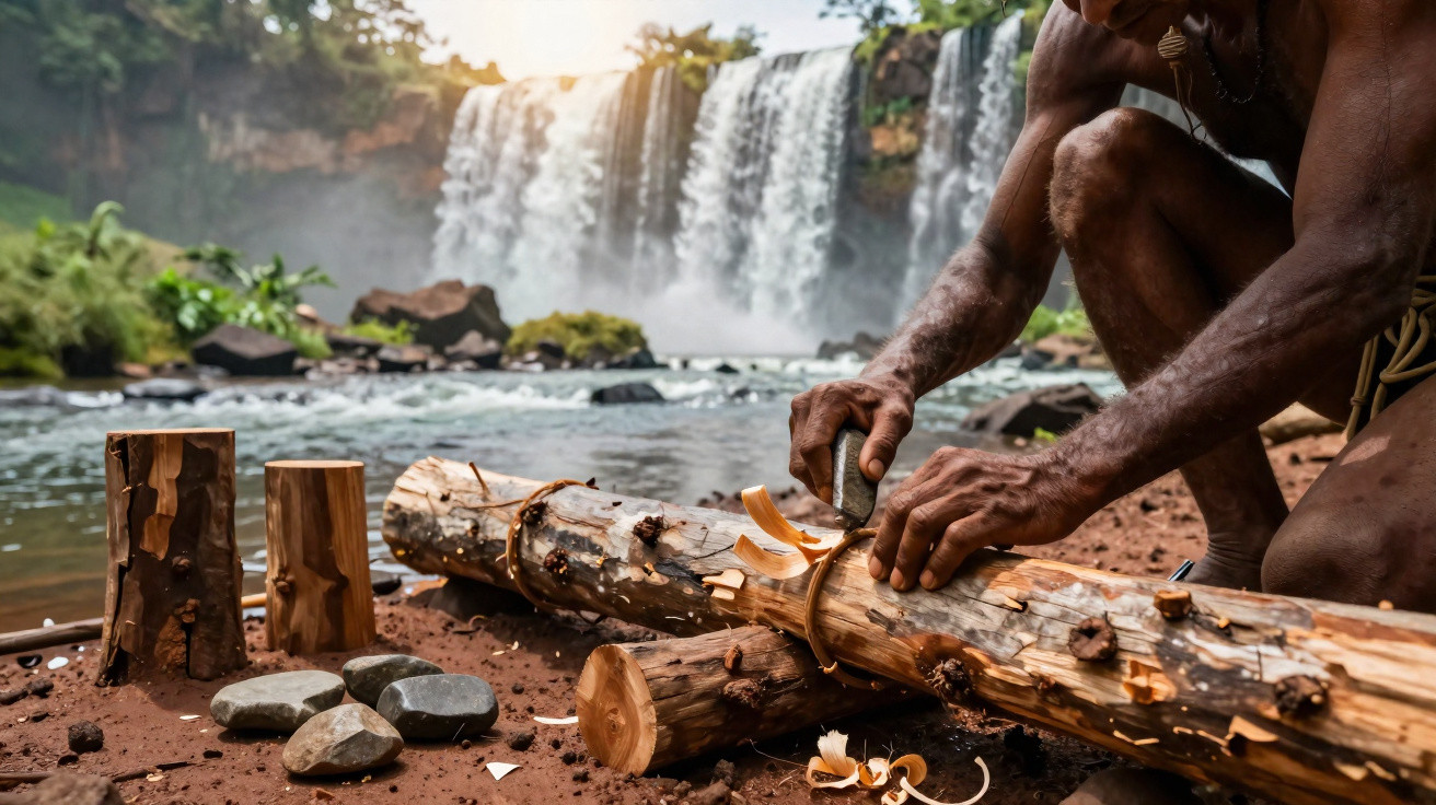 Man carving wood by a riverbank with a waterfall in the background during daylight.