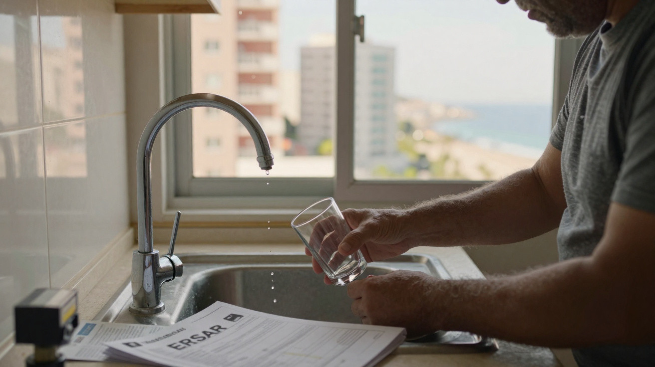 Person holding a glass under a dripping kitchen tap with documents on the counter by the sink.