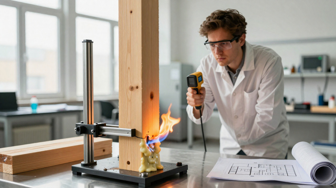 Scientist in lab coat testing fire resistance of wooden plank with heat gun in laboratory setting.
