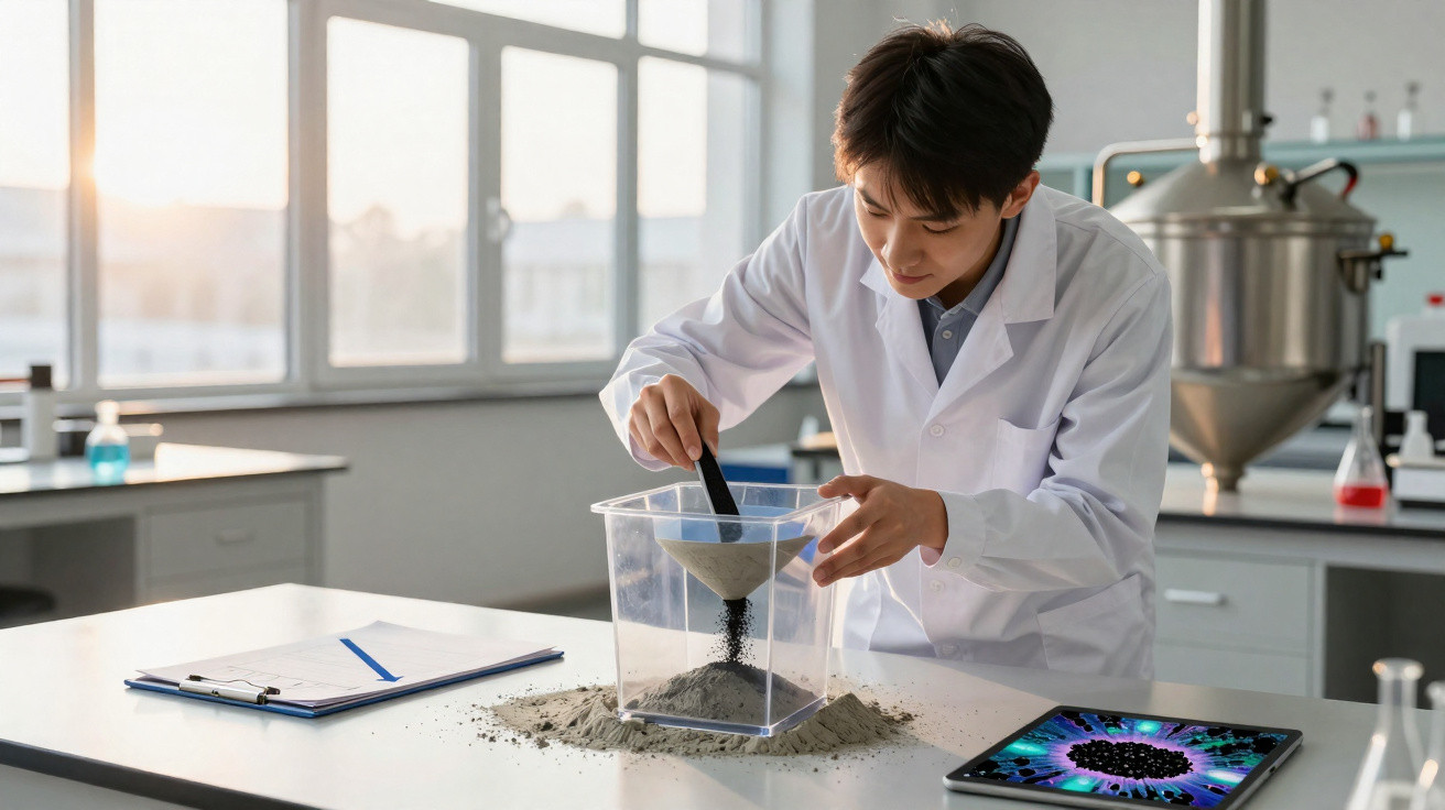 Scientist in a white coat examining and sifting soil sample in a clear container inside a bright laboratory.