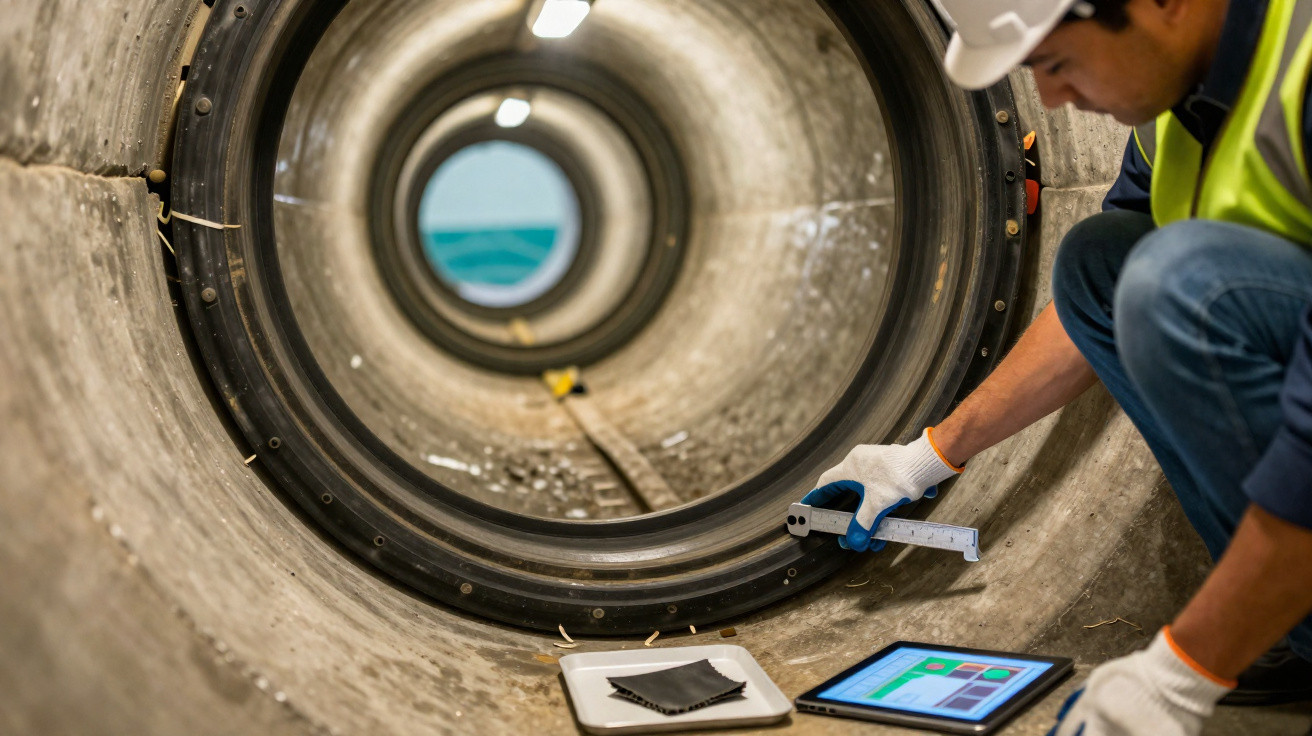 Engineer measuring inside a large concrete pipe with caliper and tablet on the ground nearby
