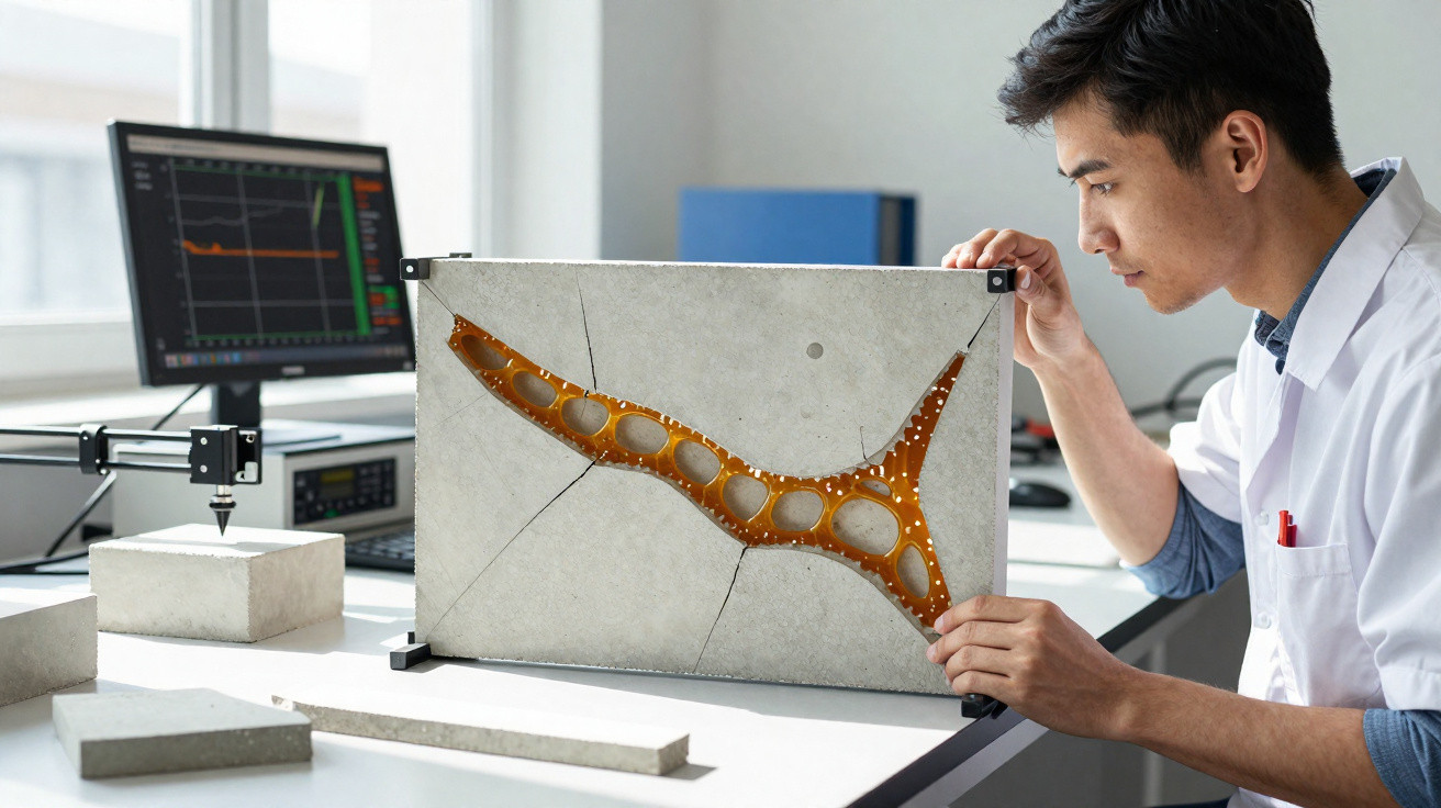 Scientist examining a concrete slab with internal honeycomb structure in a laboratory setting.