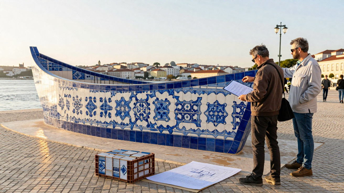 Two men examining blue and white tiled boat sculpture by waterfront on a sunny day.