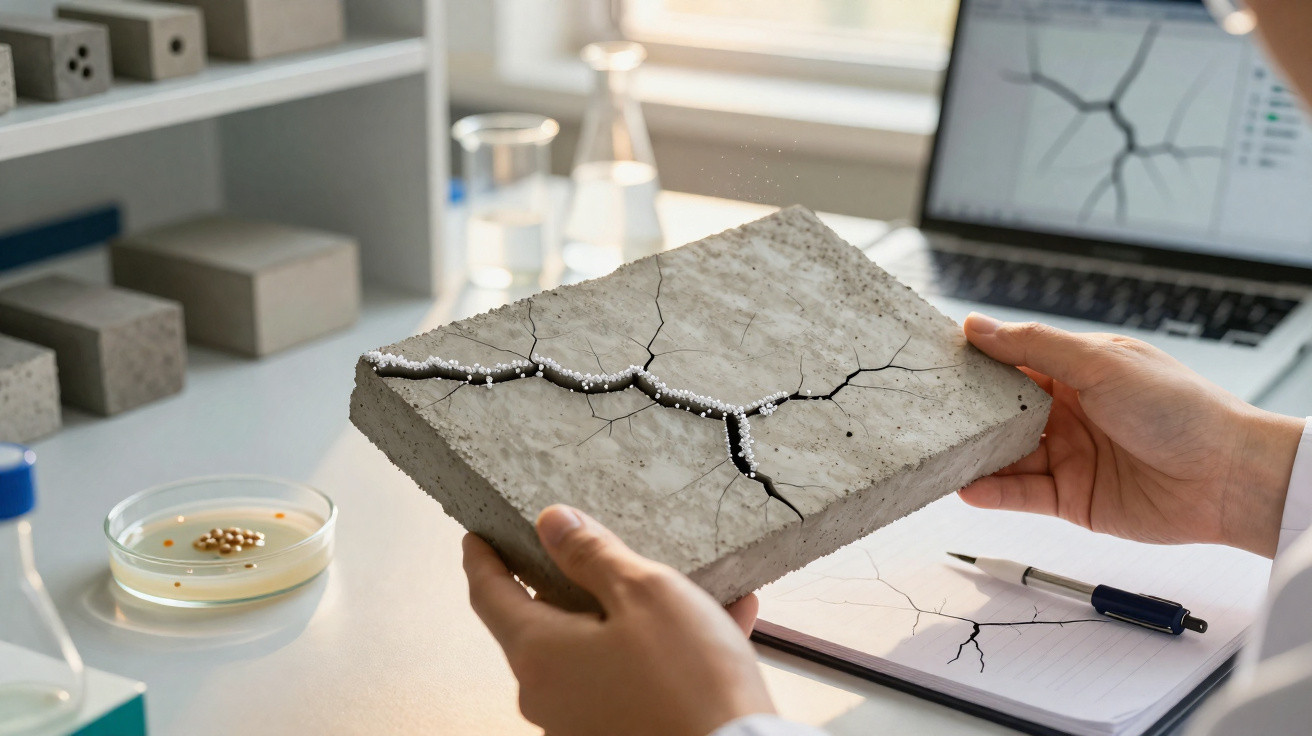 Hands holding a cracked concrete slab with small beads inside the crack, in a laboratory setting.
