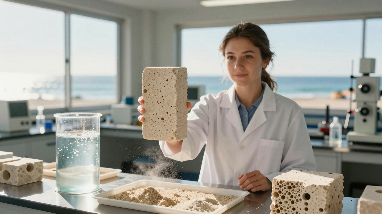 Female scientist in lab coat examining a porous brick with lab equipment and ocean view behind her.