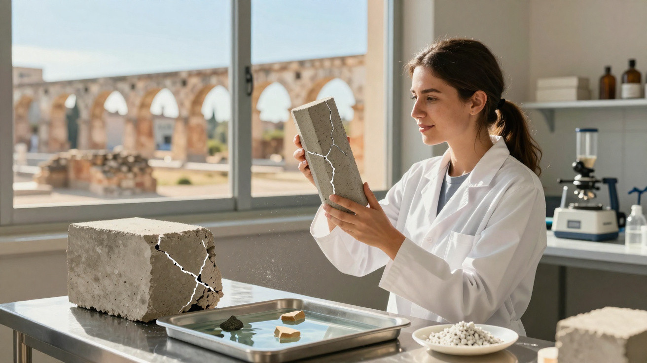 Scientist in lab coat examining cracked concrete samples at a stainless steel table with testing equipment.