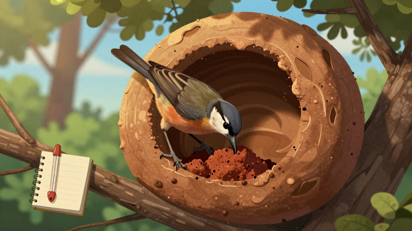 Small bird collecting mud inside a round nest on a tree branch with a notebook hanging nearby.