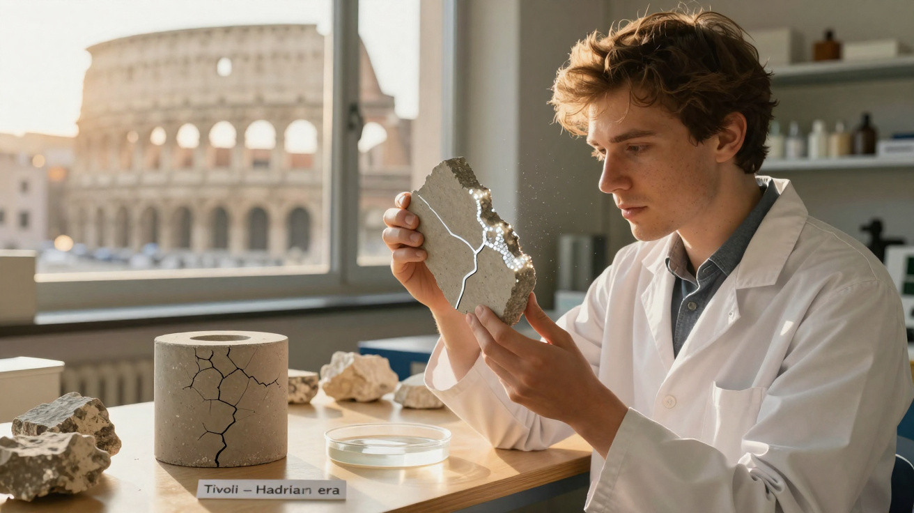 Scientist in a lab coat examining cracked ancient stone with the Colosseum visible through the window.