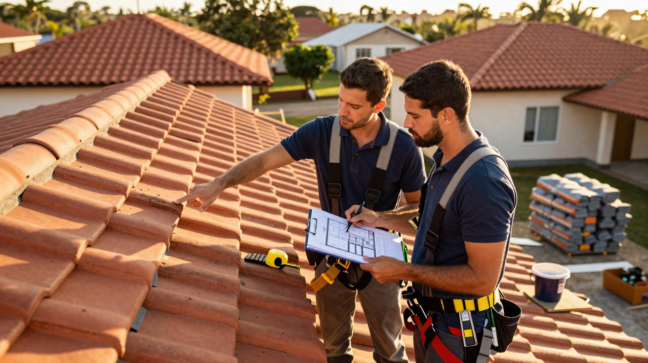 Two roofers inspecting and discussing a tiled roof while reviewing plans on a clipboard at sunset.