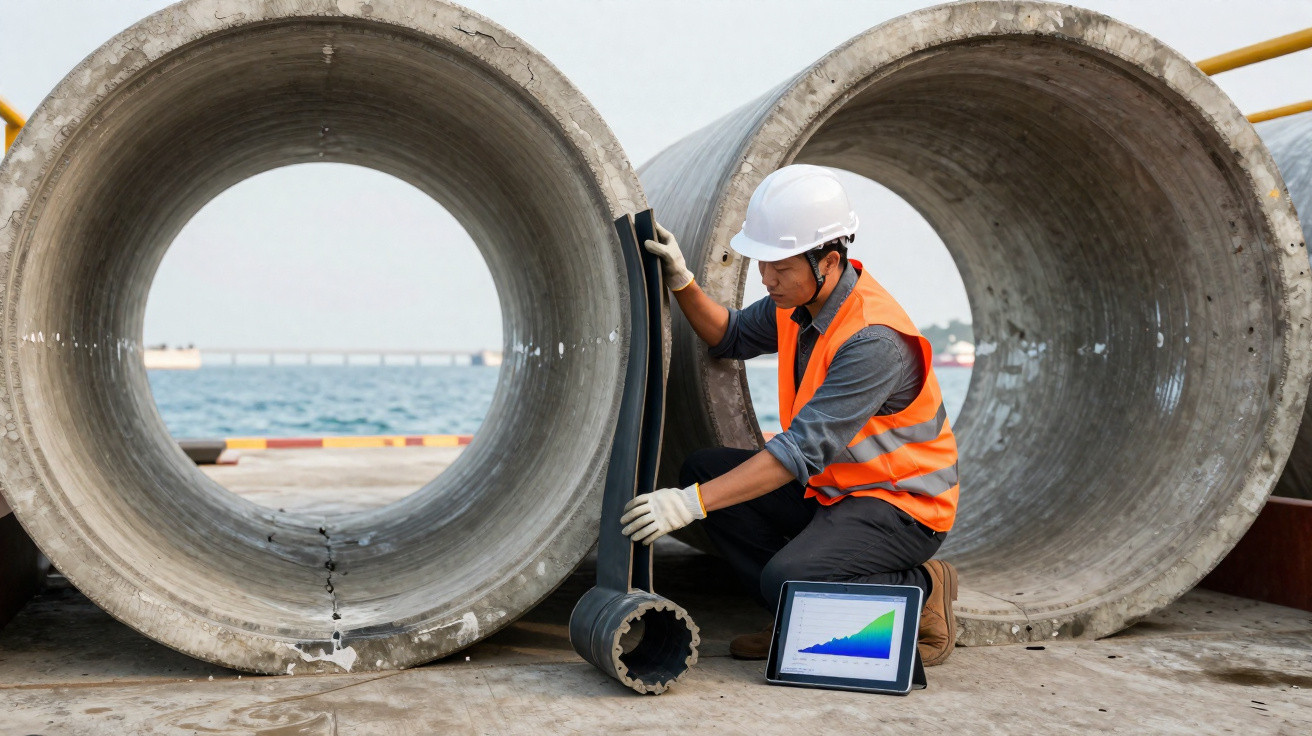 Construction worker in safety gear inspecting large concrete pipes near water with a tablet showing a growth chart.