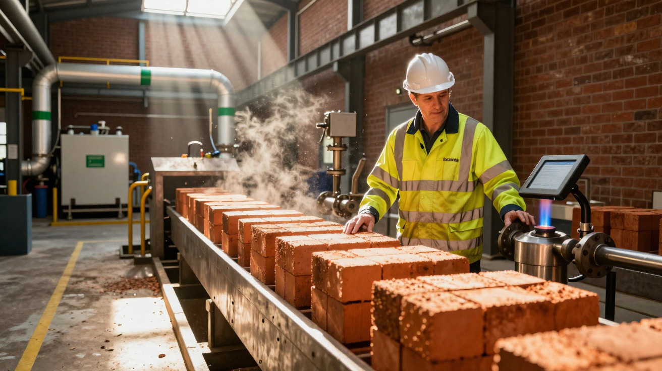 Worker in high-visibility jacket and hard hat inspecting bricks on conveyor belt in a factory with steam rising.
