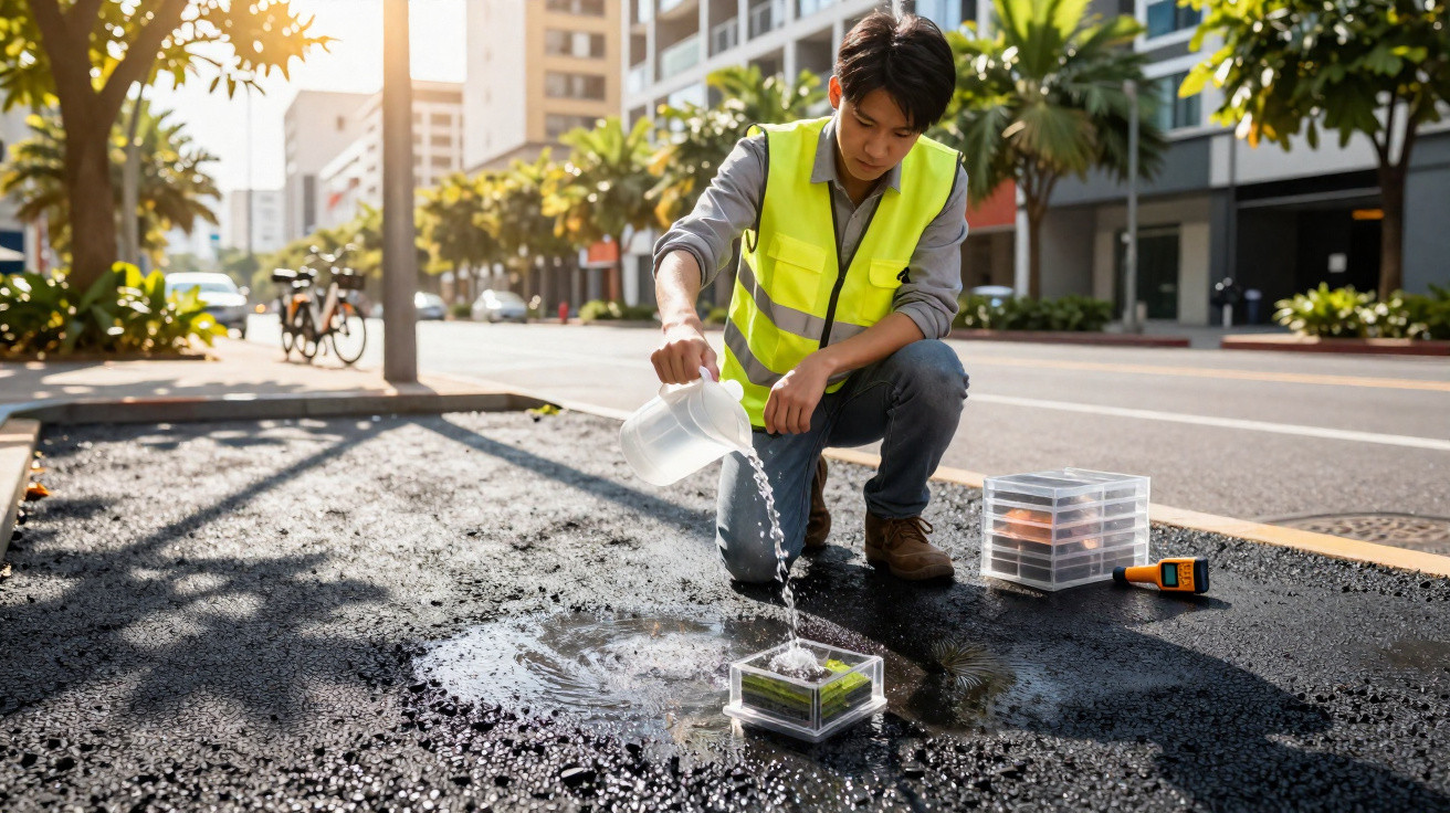 Engineer in a reflective vest pouring water on a soil test sample on a city street under sunlight.