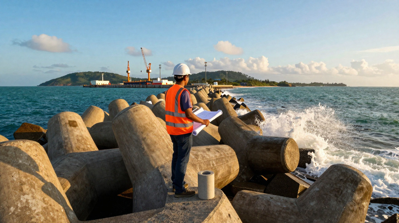 Engineer in safety gear holding blueprints on concrete tetrapods by a coastal breakwater with waves and a distant crane ship.