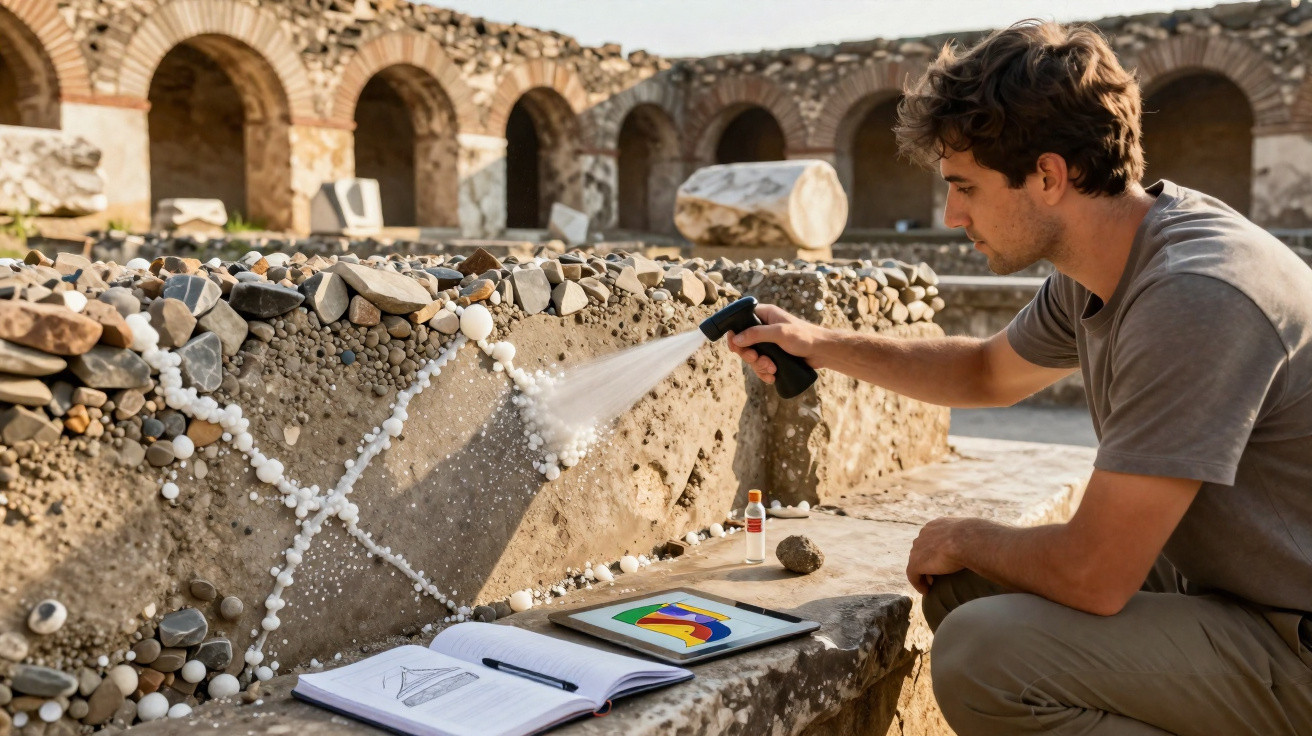 Archaeologist carefully cleaning rock surface with spray bottle at ancient ruins, next to open notebook and tablet.