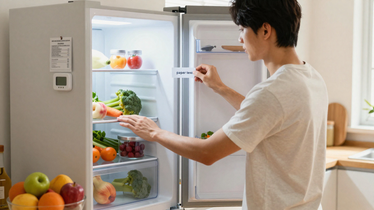 Person placing a label inside an open fridge with fresh vegetables and fruits on the shelves.