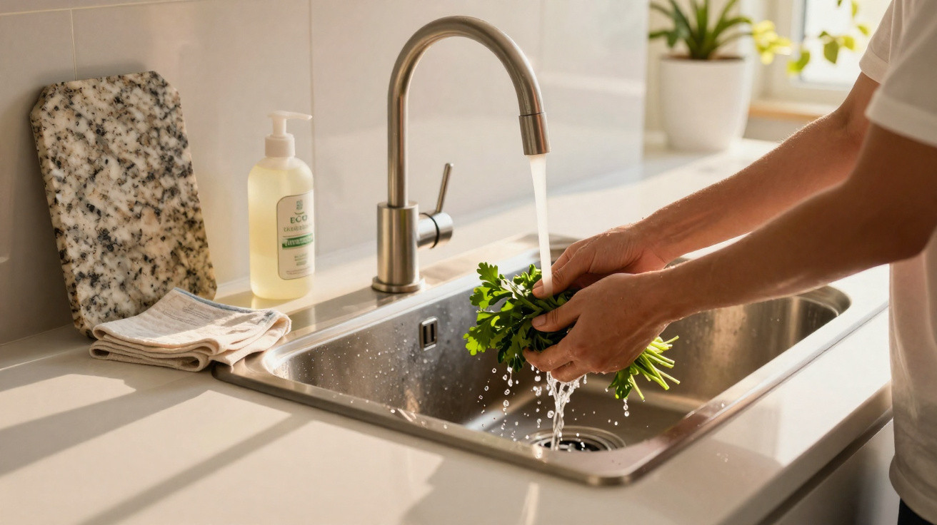 Person washing fresh parsley under running water in a modern kitchen sink with natural light.