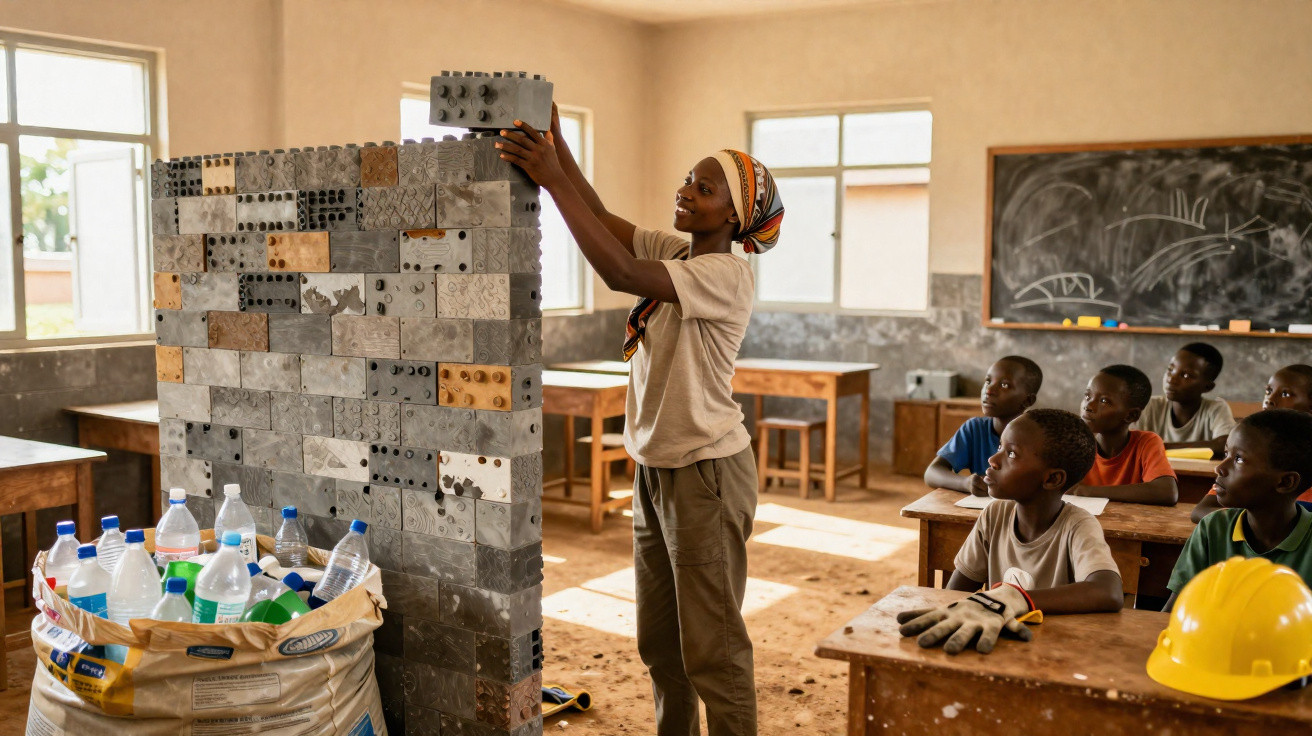 Woman building a wall with grey blocks in a classroom while children watch from desks.