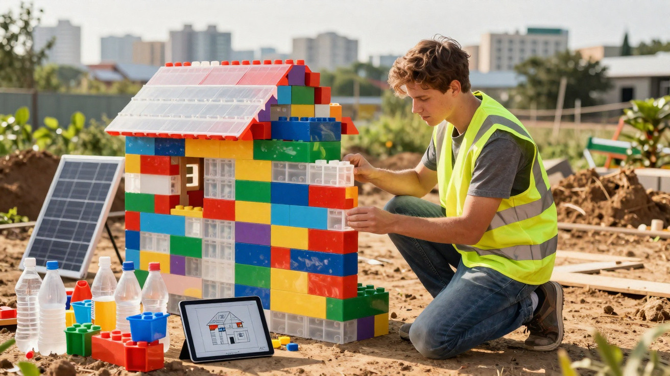Young man in a high-visibility vest building a colourful toy house outdoors with large plastic blocks and a tablet.