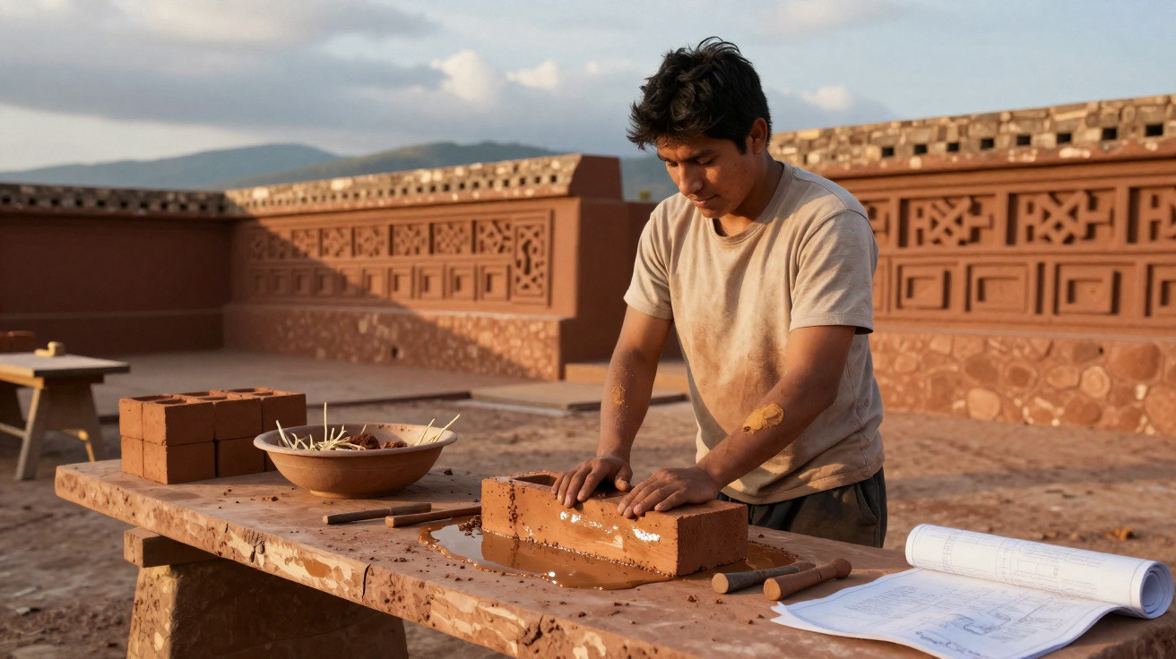 Young man shaping adobe bricks on a wooden table with architectural plans outdoors at sunset