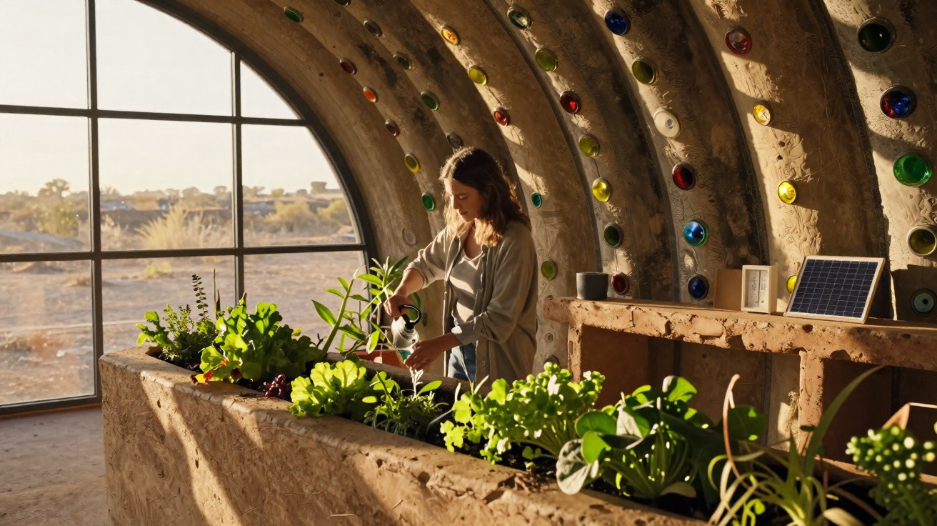 Woman watering plants inside a dome-shaped, eco-friendly greenhouse with coloured glass bottle art on walls.
