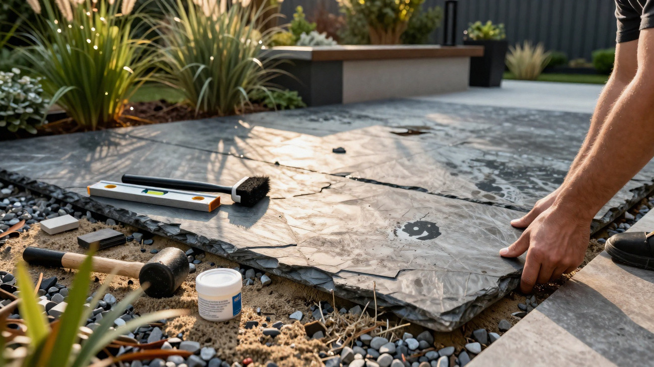 Hands fitting large slate tiles on a garden path surrounded by plants and tools including a mallet and brush.