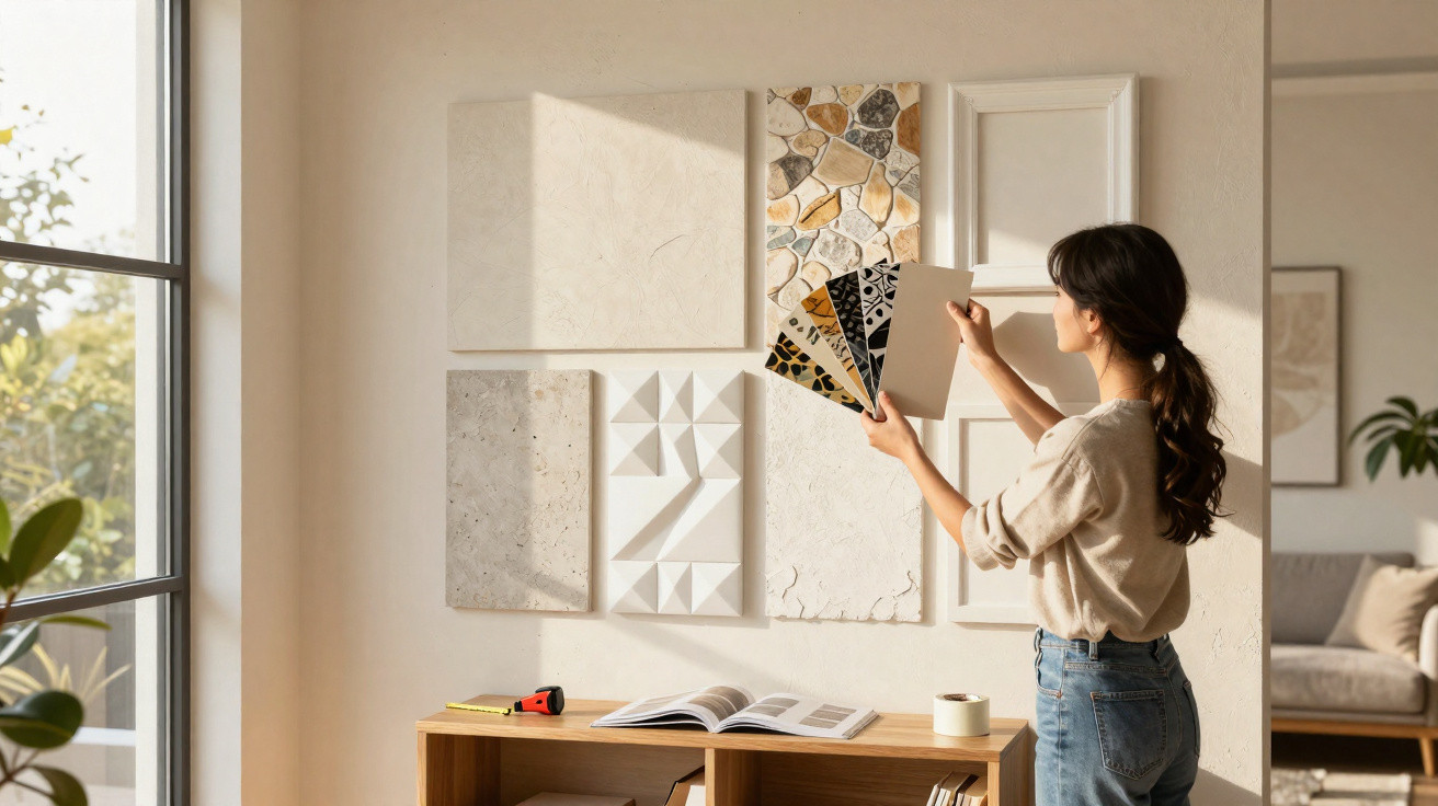 Woman selecting colour and texture samples from decorative wall panels in a sunlit living room.
