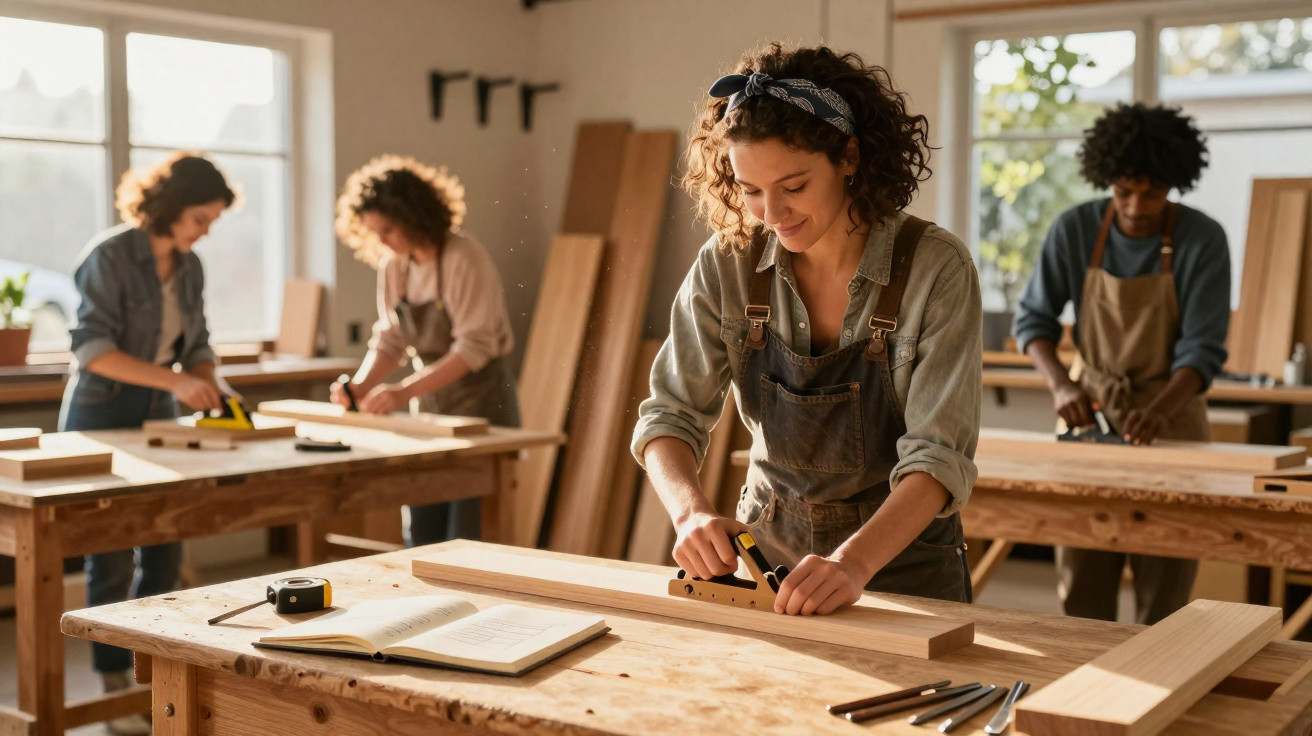 Four diverse people woodworking in a sunlit workshop, planing and sanding wooden planks on sturdy tables.