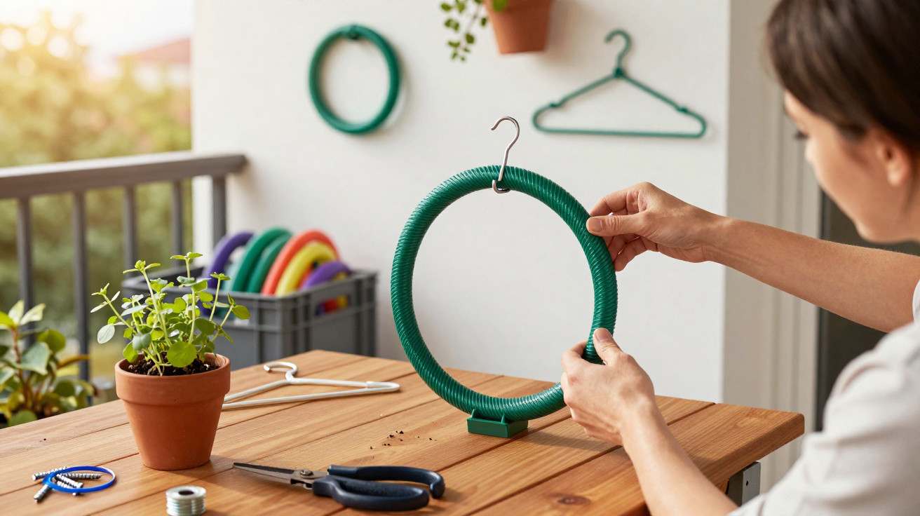 Person crafting a green circular wreath frame on a wooden table with plants and tools nearby.