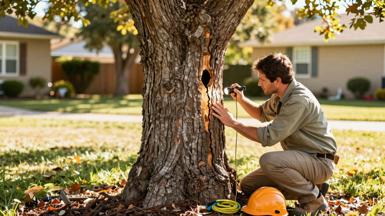 Man inspecting a damaged hollow tree with a flashlight in a suburban yard during daytime.