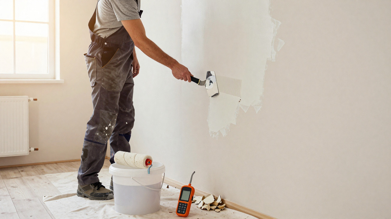 Person in workwear applying white paint on wall with roller in a sunlit room under renovation.