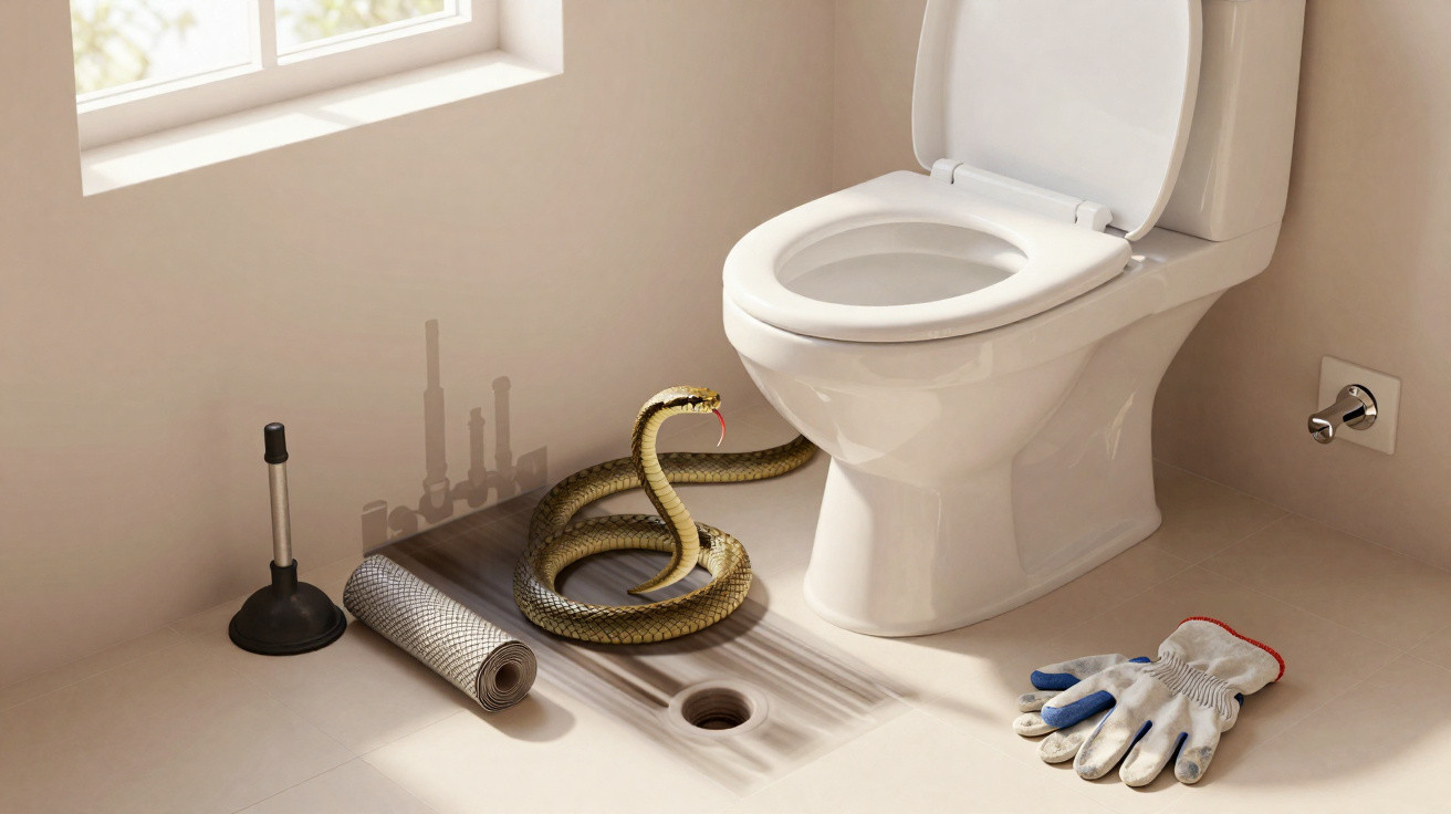 Cobra snake curled on bathroom floor near toilet, plunger, gloves, and plumbing tools next to open drain hole.