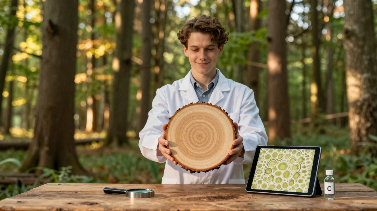 Young scientist in forest holding tree cross-section with tablet showing wood cells on wooden table