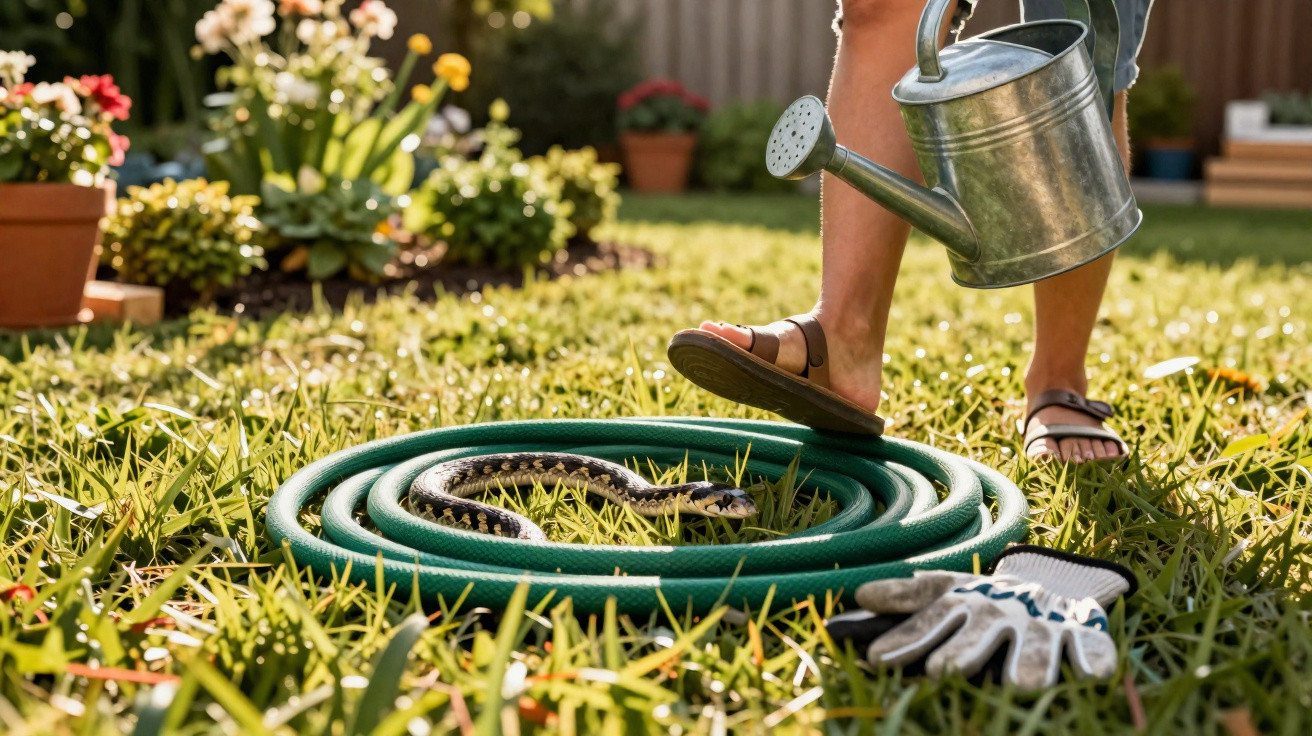 Person in sandals holding a watering can steps near a coiled garden hose with a snake inside in a sunny garden.