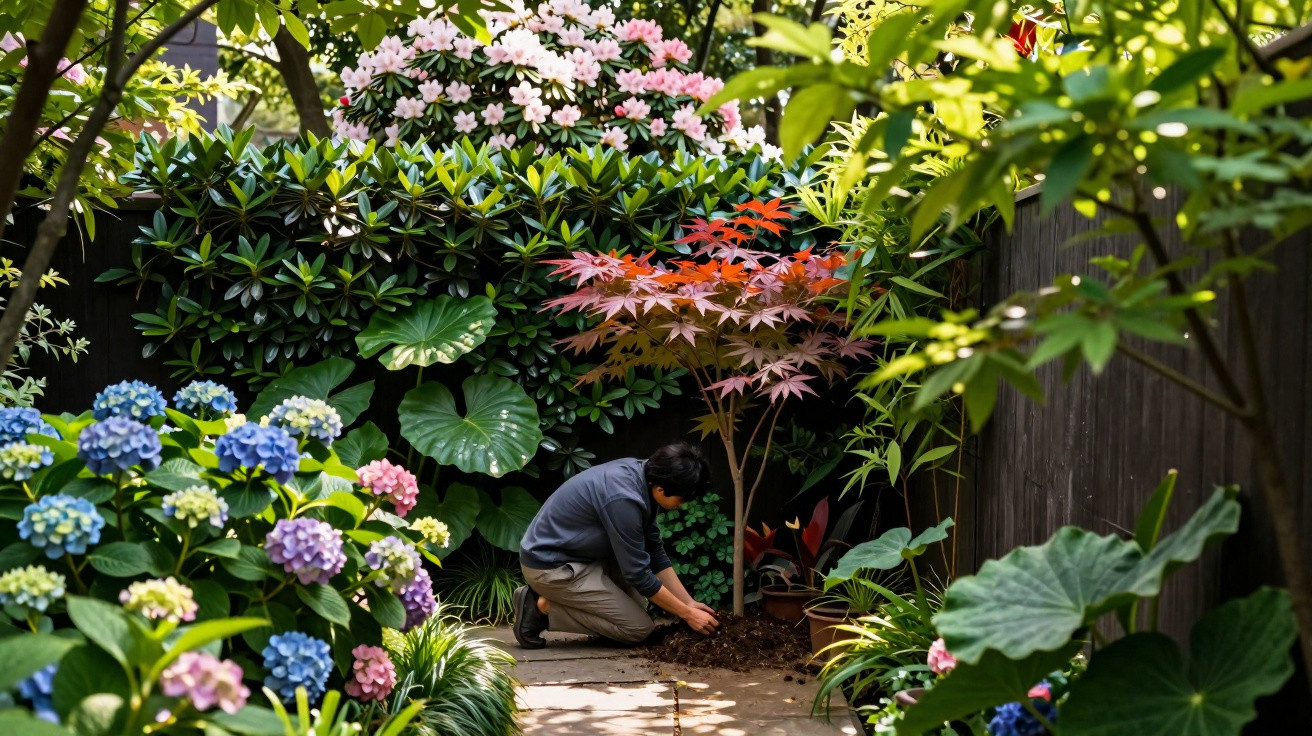 Person kneeling and gardening in a vibrant garden with hydrangeas, pink rhododendrons and red maple tree.
