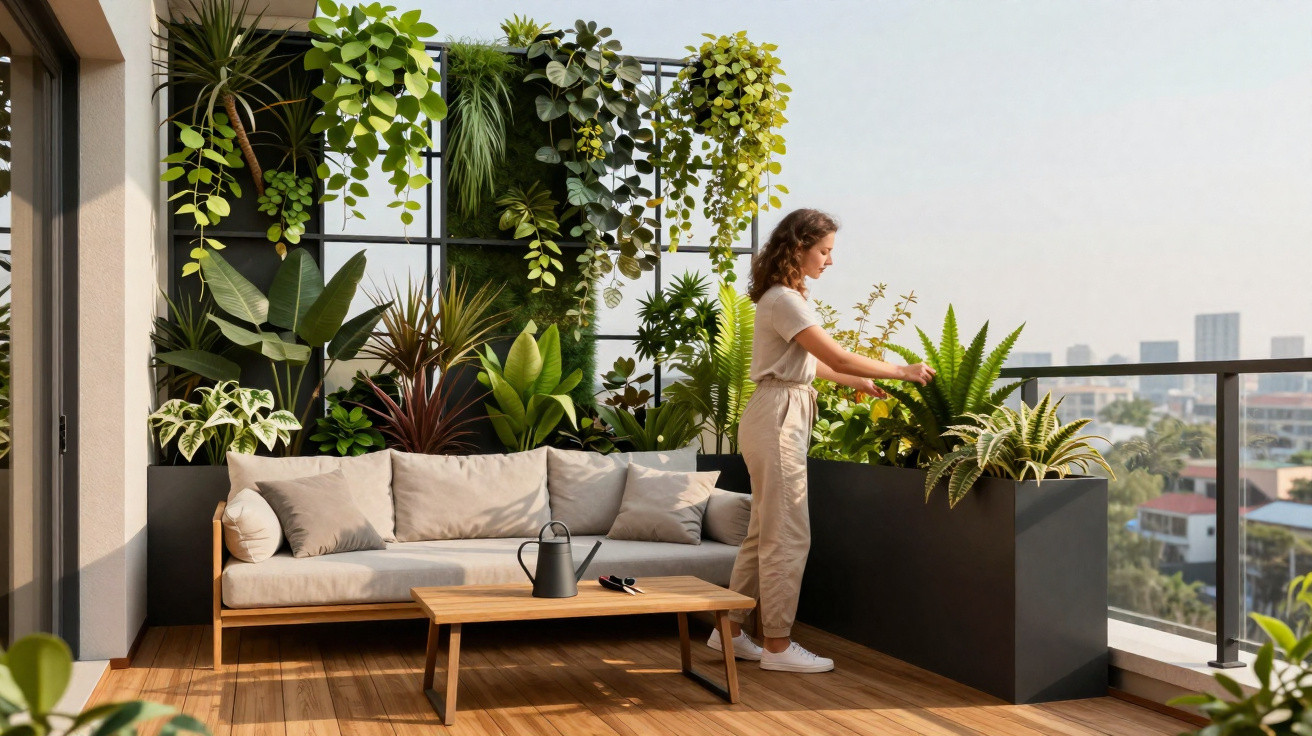 Woman tending to plants on a modern balcony with a wooden sofa, coffee table, and vertical garden wall.