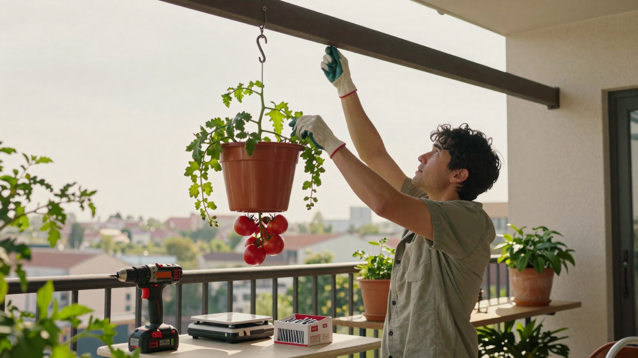 Man hanging a tomato plant in a pot on a balcony with gardening tools and plants nearby.