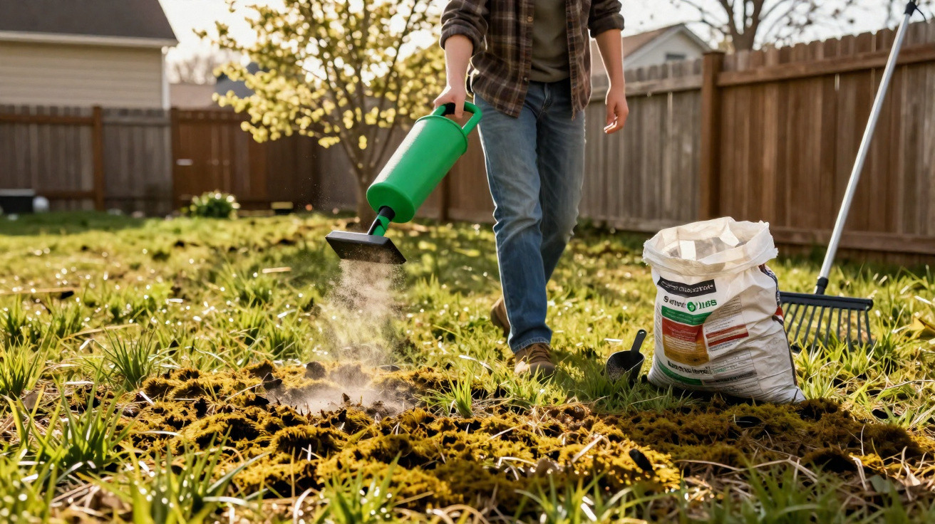 Person spreading granular fertiliser over a grassy garden bed in a fenced backyard on a sunny day.