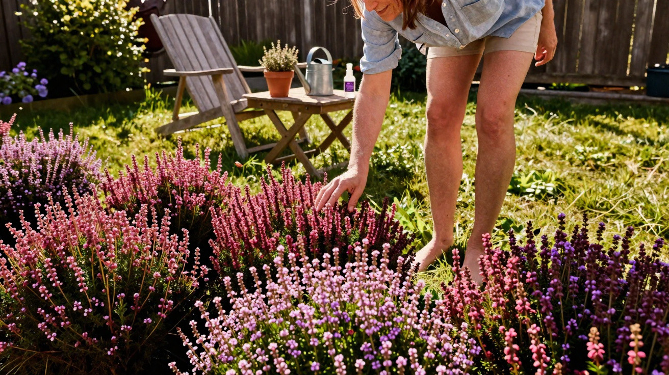 Person tending to vibrant pink and purple heather flowers in a sunny garden with wooden chair and table nearby.