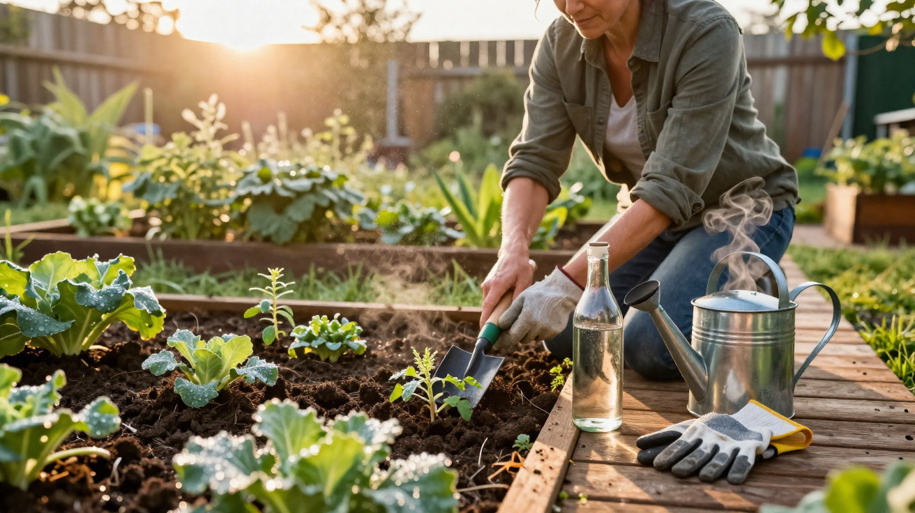 Person gardening with a trowel in a raised bed surrounded by plants, watering can, and gloves on wooden decking.
