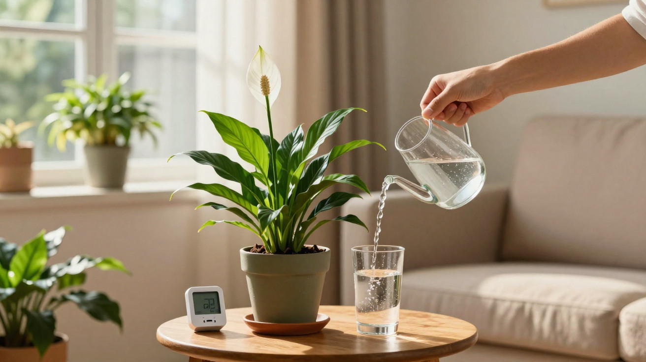 Person pouring water from a glass jug into a glass on a wooden table beside a potted peace lily plant.