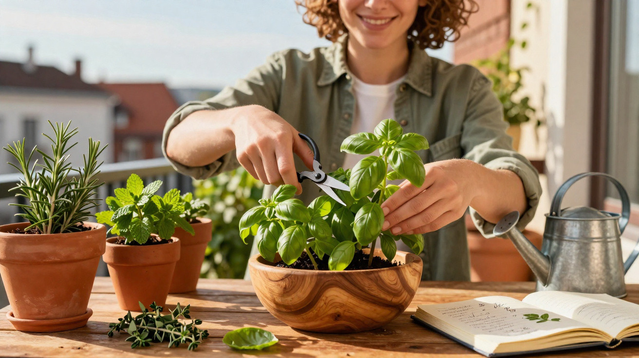 Person trimming basil plant with scissors on a sunny balcony with potted herbs and gardening book.
