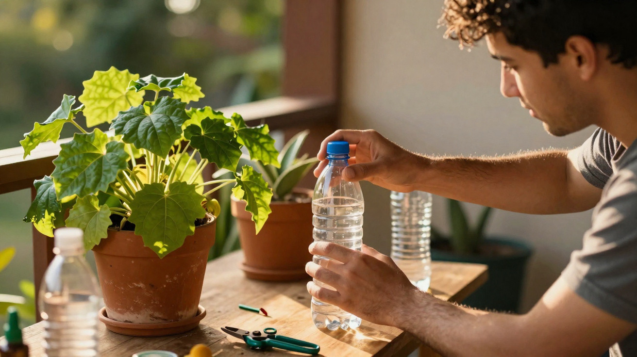 Man on balcony preparing to water potted plants with plastic bottle on wooden table in sunlight.