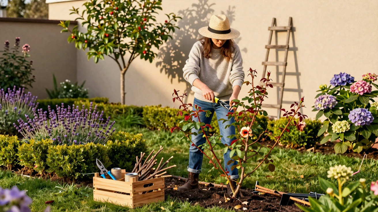 Woman in a hat pruning a rose bush in a sunny garden surrounded by flowers and gardening tools.