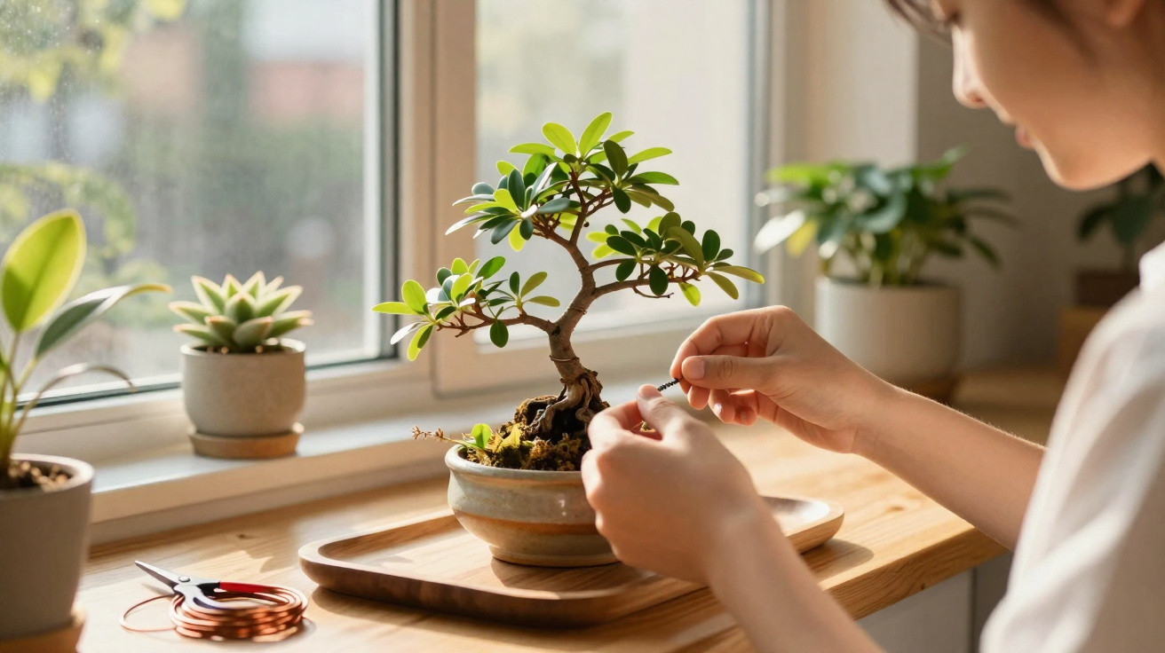 Person pruning a small bonsai tree on a wooden table near a window with other potted plants.