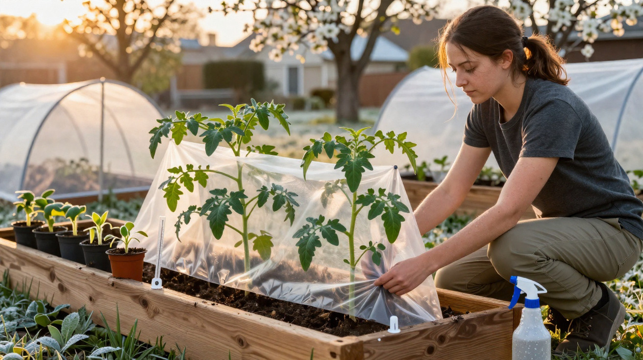 Woman tending to young tomato plants under a protective plastic cover in a raised garden bed at sunset.
