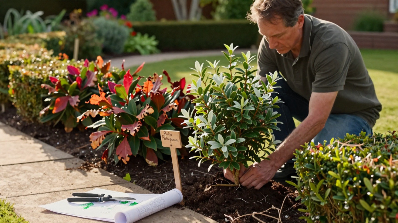 Man planting a Pittosporum shrub in a garden bed next to a labelled plant marker and gardening tools.